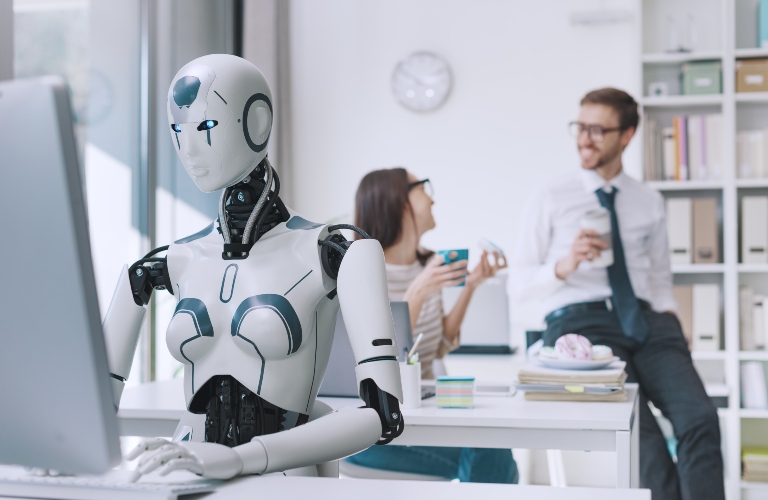 Efficient AI robot working in the office and employees having a coffee break