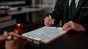 Person in suit signing legal documents on clipboard with gavel and scales on desk.