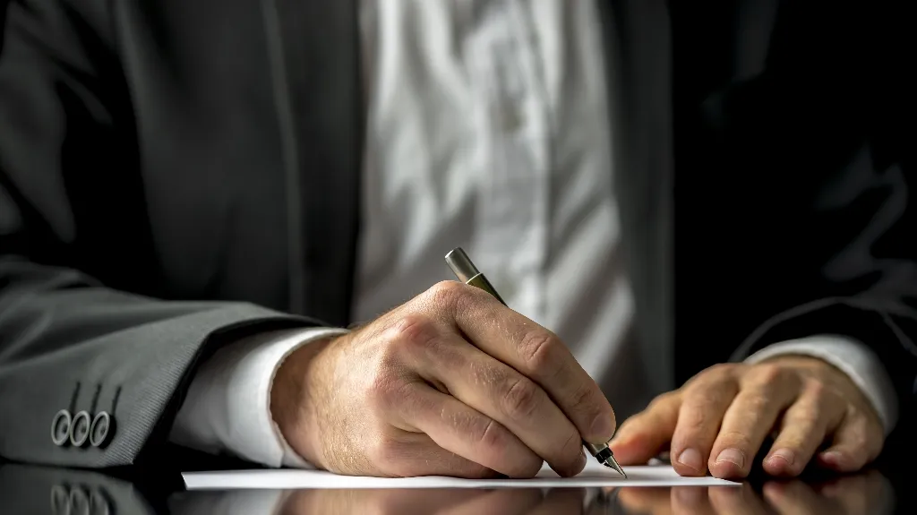 Close-up of a man in a dark suit signing a document with a silver pen on a glossy surface.
